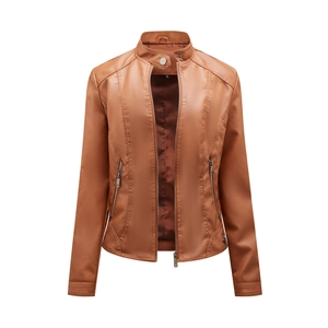 Close-up of brown slim fit leather jacket featuring stand collar and metal zipper details