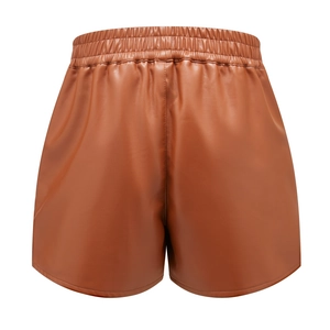 Detailed back view of women's brown PU leather shorts with elastic waist and fine stitching