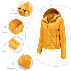 Detailed close-up showing the hood, zipper, cuffs, and elastic hem of yellow PU leather jacket