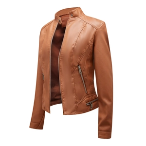 Close-up of brown PU leather jacket with metal zippers, stand collar and slim-fit details