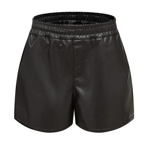 Women's minimalist high waist black PU leather shorts with elastic waist and U-seam design
