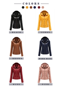 Overview of women's hooded leather jackets in black, yellow, brown, blue, wine, and pink