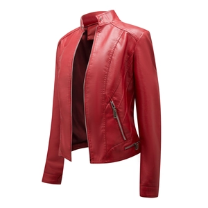 Detail of red slim fit faux leather motorcycle jacket with stand collar and silver zippers