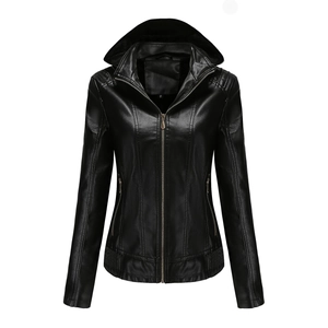 Women's black hooded PU leather jacket with zipper pockets and ribbed detailing