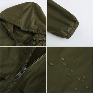 Détails du coupe-vent vert militaire montrant le tissu imperméable et la doublure en maille