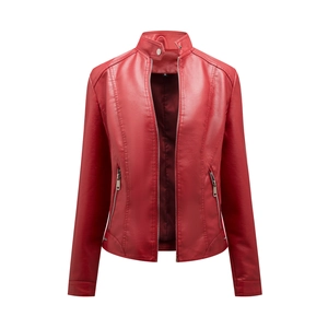 Close-up of red leather jacket featuring a stand collar with silver snap and zip details