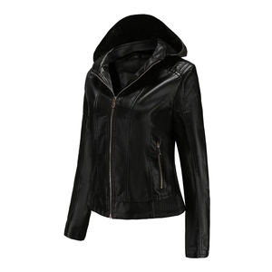 Detail of a black hooded leather jacket with metal zippers and quilted shoulder stitching