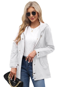 Chaqueta cortavientos de algodón blanco para mujer con cintura ajustable con cordón
