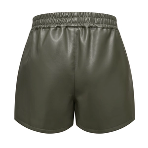 Rear view detail of high-waisted dark army green PU leather shorts with elastic waistband