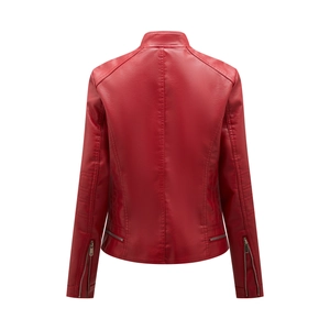 Back view of slim fit red faux leather biker jacket with stand collar and zipper details