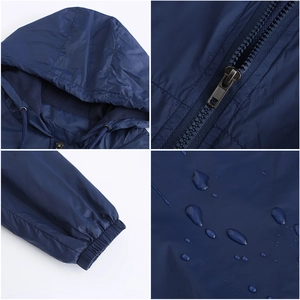 Vue détaillée de la veste imperméable bleu marine avec capuche en maille et poignets