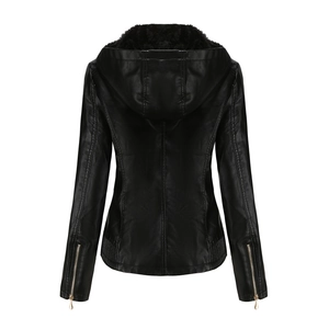 Back view of black hooded leather jacket for women with gold zippers on sleeves and fleece lining