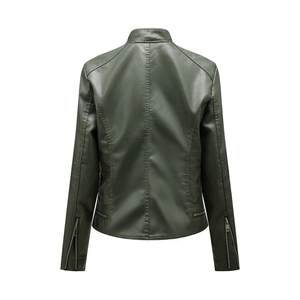 Back view of dark green slim fit biker jacket with stand collar and zipper details