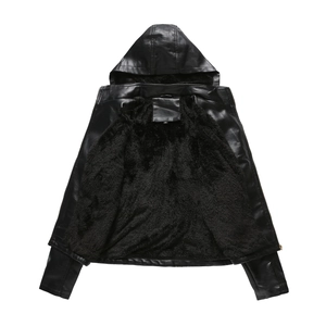 Detail of black hooded leather jacket showing warm black fleece lining and size S label