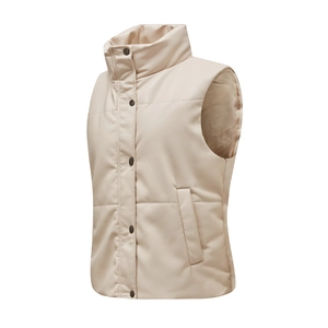 Detail view of cream faux leather padded vest showing stand collar and snap buttons