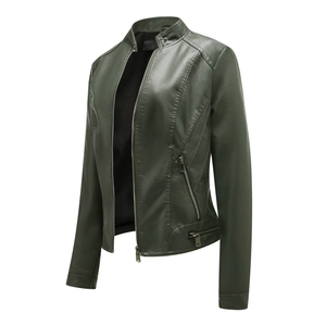 Detail of dark green leather jacket with silver zippers, stand collar and motorcycle stitching