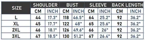 Detailed size guide table for women's winter parka showing shoulder, bust, and sleeve length