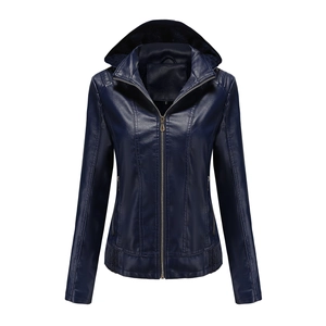 Detail of navy blue faux leather jacket featuring smooth metal zippers and hood