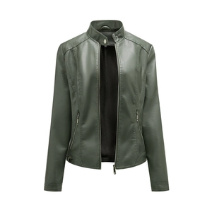 Detail view of the slim-fit dark green faux leather motorcycle jacket with metal zippers
