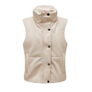Detail of cream faux leather quilted vest featuring a stand collar and metal snap buttons