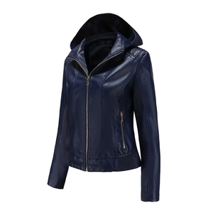 Close-up of navy blue PU leather jacket showing the hooded design and metal zipper detail