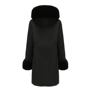 Back view of women's black winter parka with faux fur hood and adjustable drawstring waist