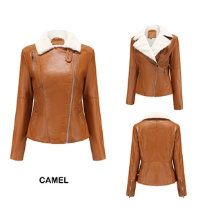 Détail de la veste de motard camel avec col en peluche blanc et fermetures éclair