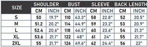 Size chart showing shoulder, bust, sleeve, and back length for women short padded jacket