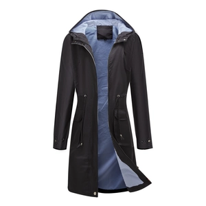 Detail of hooded windbreaker featuring blue striped lining and waist drawstring cord