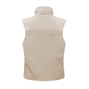 Back view of beige faux leather padded vest with stand collar and horizontal stitching