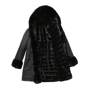 Close-up of black winter parka with thick faux fur lining and drawstring waist detail