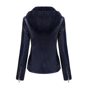 Rear view detail of dark blue faux leather jacket with plush hood and ribbed hem