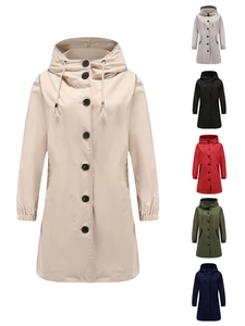 Women's waterproof long hooded windbreaker jacket in beige and multiple color options