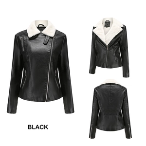 Détail d'une veste en similicuir noir avec col mouton blanc et manches zippées