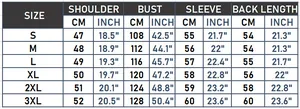 Detailed size chart for plush jacket with measurements in CM and INCH from S to 3XL