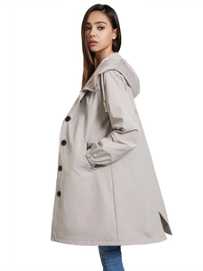 Women's light grey waterproof hooded long windbreaker jacket with black buttons