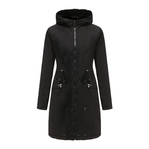 Detail of black hooded parka featuring thick plush lining and adjustable waist drawstring