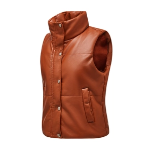 Detail of caramel brown PU leather puffer vest with high collar and snap buttons