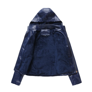Detail view of navy blue hooded leather jacket with thick fleece lining and metal zipper