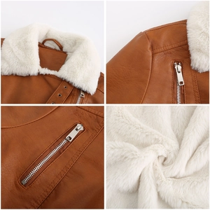 Vues détaillées de la veste en cuir marron avec doublure en fausse fourrure blanche et zip métal