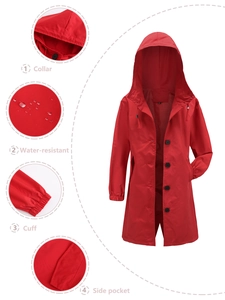 Women's long hooded raincoat with water-resistant fabric and elastic cuffs in bright red