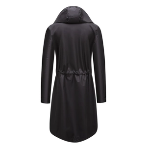 Detail of waterproof black long trench coat back with adjustable waist drawstrings