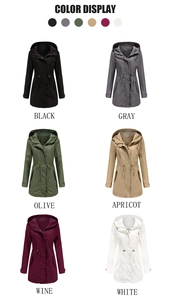 Muestra de colores de parkas de algodón con capucha en negro, gris, oliva, albaricoque y vino