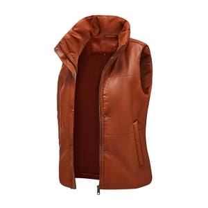 Close-up of rust brown PU leather vest showing stand collar and silver zipper detail