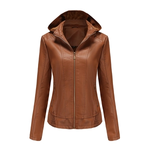 Detail of women's brown PU leather jacket with fleece-lined hood and metal zipper texture