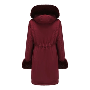Detail of burgundy parka back view featuring adjustable waist drawstring and faux fur trim