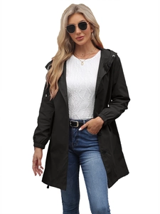 Women's waterproof long hooded windbreaker jacket with buttons and elastic cuffs in black