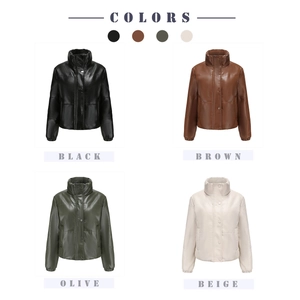 Short PU leather puffer jackets in black, brown, olive green, and beige color options