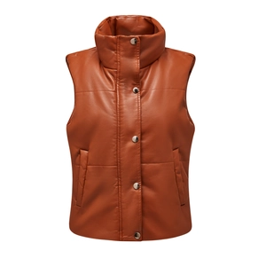 Macro detail of caramel PU leather puffer vest featuring high collar and silver snap buttons
