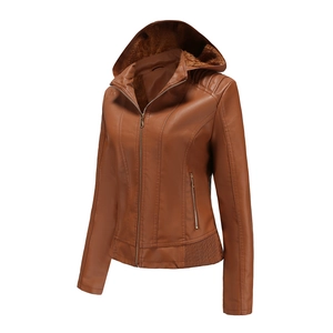 Detail of brown leather jacket showing fleece lining and metal zipper pocket